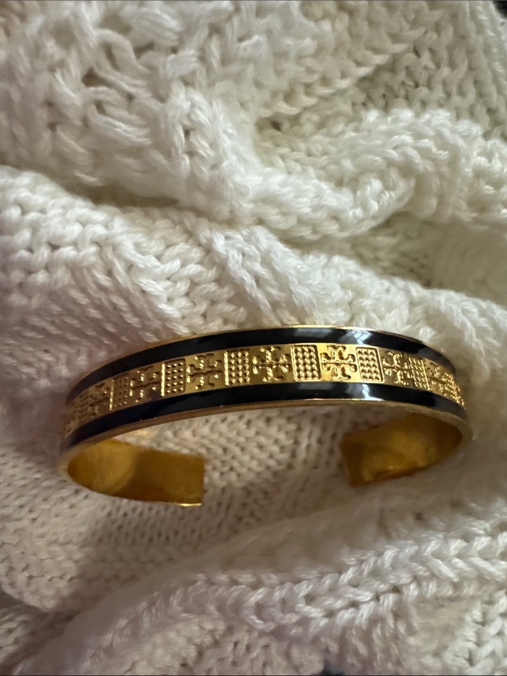 Tory Burch Gold and Black Patterned Cuff Bracelet - Women Accessories
